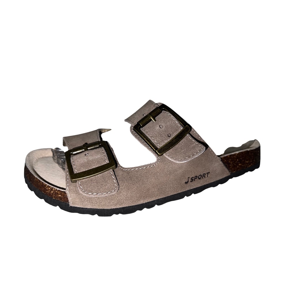 New J Sport Jambu Women Size 7 Taupe Faux Suede Double Buckle Cork Slide Sandals